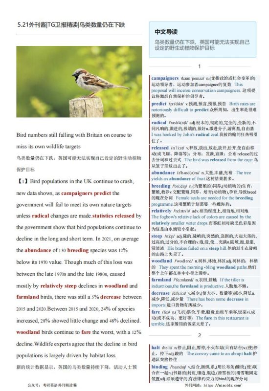 2023-05-21 TG 双语精读|鸟类数量仍在下跌（PDF版+Word版）