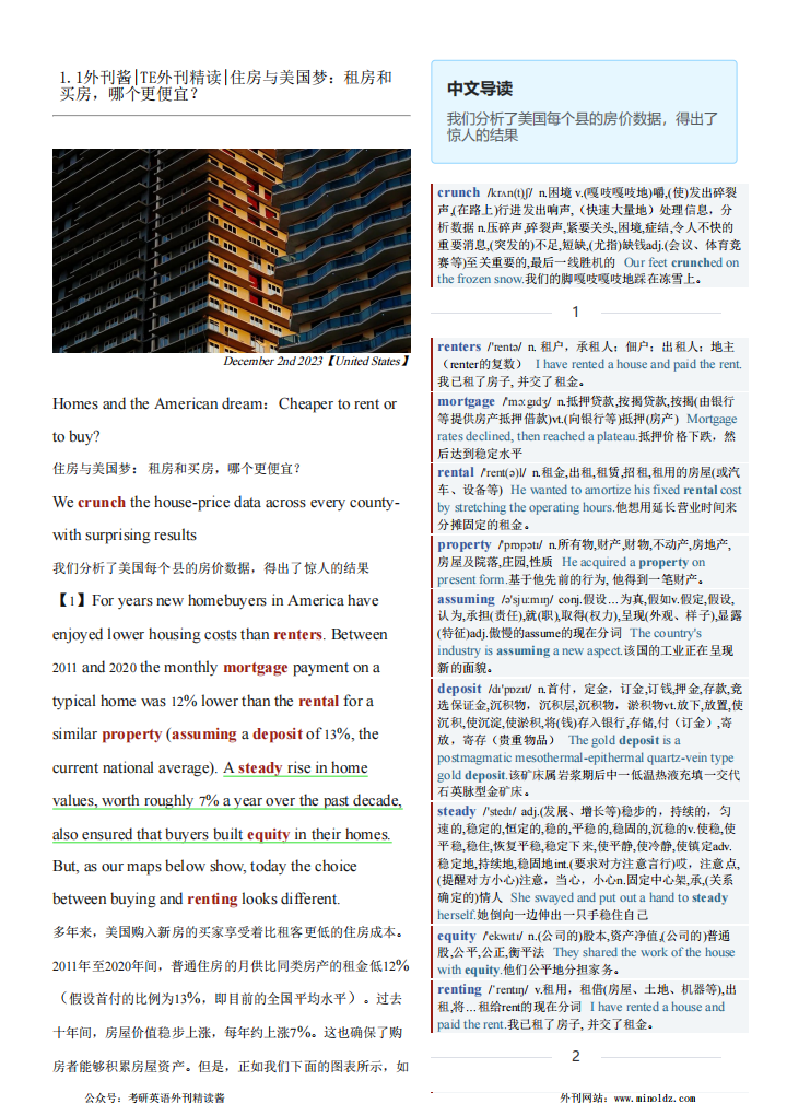 2024-01-01 TE 外刊精读|住房与美国梦：租房和 买房，哪个更便宜？（PDF版+Word版+音频MP3)